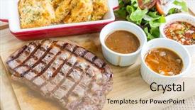  Presentation with wagyu - PPT theme featuring rib-eye beef steak serve background and a coral colored foreground