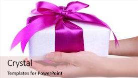  Presentation with holding hands - PPT theme consisting of purple ribbon - woman's hands holding gift box background and a lemonade colored foreground