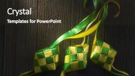  Presentation with wooden - Slide deck having ribbon ketupat on the wooden table background and a tawny brown colored foreground