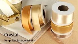  Presentation with knit fabrics - Theme featuring ribbons with scissors and fabrics background and a coral colored foreground