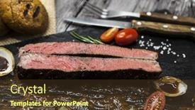  Presentation with meat beef - Cool new slide set with ribeye steak from marble beef meat with vegetables and barbecue sauce served on a plate of black stone with fork and knife backdrop and a tawny brown colored foreground