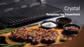  Presentation with grill - Slide set featuring ribeye-steak-on-wooden-board background and a dark gray colored foreground