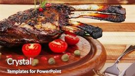  Presentation with stainless steel - Audience pleasing slide deck consisting of ribs rack on wood with stainless steel cutlery backdrop and a tawny brown colored foreground