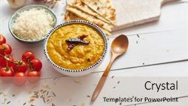  Presentation with indian food - Presentation design enhanced with indian popular food dal fry or traditional dal tadka curry served in ceramic bowl with rice and naan bread placed on white wooden table closeup view background and a coral colored foreground