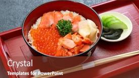  Presentation with japanese food - Cool new PPT theme with rice bowl topped with salmon salmon roe japanese food backdrop and a tawny brown colored foreground