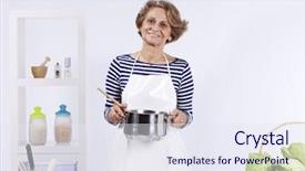  Presentation with cooking templeat - Cool new PPT layouts with rice cooker - beautiful and happy senior woman backdrop and a sky blue colored foreground
