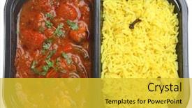  Presentation with indian food chicken curry - Audience pleasing presentation consisting of rice in supermarket packaging backdrop and a yellow colored foreground