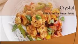  Presentation with shrimps - Presentation consisting of rice noodles with shrimps and peanut sauce background and a gold colored foreground