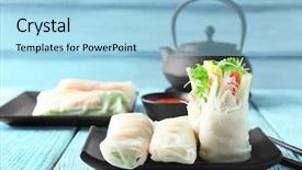  Presentation with lumpia spring rolls fried - Beautiful slide deck featuring rice paper - portion of spring rolls backdrop and a light blue colored foreground