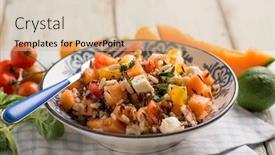  Presentation with melon - Colorful theme enhanced with rice-salad-with-black-rice backdrop and a coral colored foreground