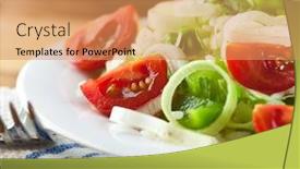  Presentation with green fresh food - Beautiful presentation featuring tomatoes green pepper leek spring backdrop and a coral colored foreground