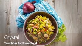 Presentation with celery - Colorful slide set enhanced with rice salad with chicken celery onions and chili pepper backdrop and a tawny brown colored foreground