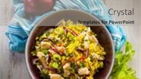  Presentation with celery - Slide deck having rice salad with chicken celery onions and chili pepper background and a light gray colored foreground