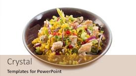  Presentation with celery - Presentation having rice salad with chicken celery onions and chili pepper background and a gold colored foreground