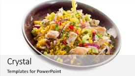  Presentation with celery - Audience pleasing presentation theme consisting of rice salad with chicken celery onions and chili pepper backdrop and a white colored foreground