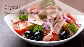  Presentation with rustic healthy - Presentation theme consisting of rice salad with tuna cherry tomatoes green and black olives red onion and fresh parsley home made food symbolic image concept for tasty and healthy meal rustic wooden background close up background and a coral colored foreground