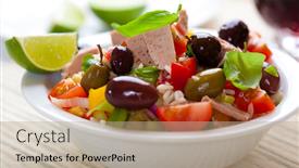  Presentation with tuna - Beautiful PPT theme featuring rice salad with tuna green and kalamata olives cherry tomatoes red green and yellow pepper and fresh basil symbolic image concpet for a tasty and healthy meal close up backdrop and a coral colored foreground