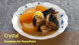  Presentation with big fish - PPT layouts with rice wine - buri daikon simmered yellowtail fish background and a tawny brown colored foreground