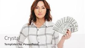  Presentation with rich - Amazing presentation theme having rich and happy adult woman posing on camera with holding fan of 100 dollar bills isolated over white background indoor backdrop and a light gray colored foreground