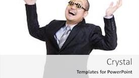  Presentation with rich - Cool new slide deck with rich businessman wear dollar sign glasses and hand up backdrop and a white colored foreground
