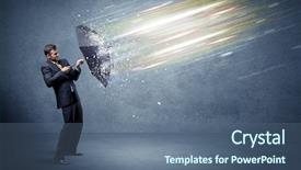  Presentation with defending - PPT layouts enhanced with rich data - business man defending light beams background and a ocean colored foreground