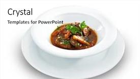  Presentation with rich - Presentation theme consisting of rich hot hungarian beef goulash with traditional topping served on a round white plate isolated on white background and a white colored foreground