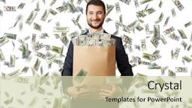  Presentation with paper bag - Audience pleasing presentation consisting of rich man - smiley young businessman holding paper backdrop and a soft green colored foreground