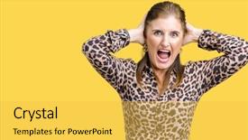  Presentation with woman hands open - Slide deck having rich woman wearing leopard dress background and a  colored foreground