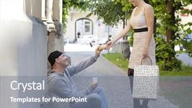  Presentation with beggar - PPT theme featuring rich young woman gives food background and a gray colored foreground