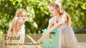  Presentation with play children - Presentation theme featuring riddle - mother and children play background and a coral colored foreground