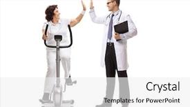  Presentation with exercise doctor - Amazing presentation design having elderly woman riding an exercise bike and high-fiving a doctor isolated on white background backdrop and a white colored foreground