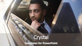  Presentation with eastern - Colorful presentation theme enhanced with portrait of handsome middle-eastern businessman riding in backseat of car and looking out of window watching city streets backdrop and a gray colored foreground
