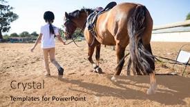  Presentation with ranch - Audience pleasing slide set consisting of rider girl walking with a horse in the ranch on a sunny day backdrop and a coral colored foreground