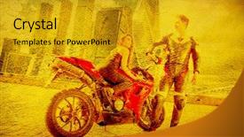  Presentation with man riding big bike motor - Audience pleasing theme consisting of motor bikes - couple of motorcycle riders backdrop and a gold colored foreground