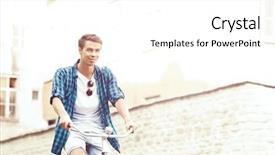  Presentation with bicycle - PPT theme having riding a bicycle around town background and a  colored foreground