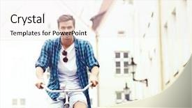  Presentation with bicycle - Colorful presentation theme enhanced with riding a bicycle around town backdrop and a  colored foreground