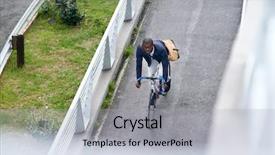  Presentation with sustainable urban - PPT theme with riding bicycle in urban city background and a light gray colored foreground