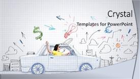  Presentation with woman car driver map - Presentation design featuring riding car made of list background and a  colored foreground