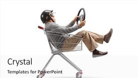  Presentation with steering wheel engineering - Slide deck with riding inside a shopping cart background and a white colored foreground