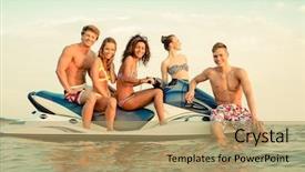 Presentation with multi ethnic group - Presentation theme having sitting on a jet ski background and a coral colored foreground