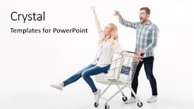  Presentation with magnifying lens over - PPT layouts enhanced with riding on a shopping trolley background and a  colored foreground