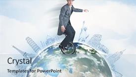  Presentation with people hold hand around globe - Beautiful presentation theme featuring riding unicycle around the globe backdrop and a light blue colored foreground