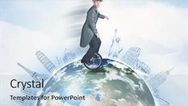  Presentation with people hold hand around globe - Slides with riding unicycle around the globe background and a light blue colored foreground