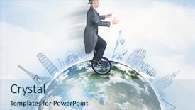  Presentation with people hold hand around globe - PPT theme featuring riding unicycle around the globe background and a light blue colored foreground