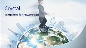  Presentation with globe - PPT theme having riding unicycle around the globe background and a sky blue colored foreground