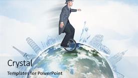  Presentation with people hold hand around globe - Presentation consisting of riding unicycle around the globe background and a light blue colored foreground