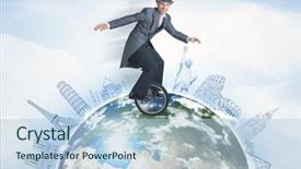  Presentation with people hold hand around globe - Audience pleasing slide deck consisting of riding unicycle around the globe backdrop and a  colored foreground