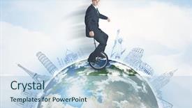  Presentation with people hold hand around globe - Audience pleasing presentation theme consisting of riding unicycle around the globe backdrop and a light blue colored foreground