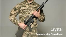  Presentation with military sexual assault - Amazing PPT theme having riffles - soldier with assault riffle backdrop and a gray colored foreground
