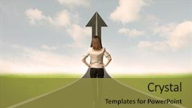  Presentation with road - Amazing theme having right didrection - business woman lokking at 3d backdrop and a gold colored foreground